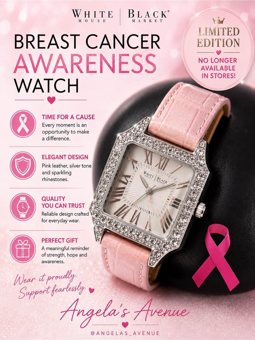 White House Black Market Pink and Silver Breast Cancer Watch with Rhinestones